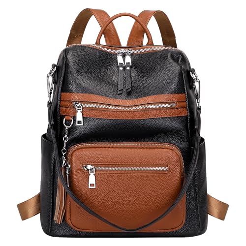 ALTOSY Echt Leder Rucksack Damen Elegant Convertible Schultertasche Frauen Uni mit Quaste (S106 Schwarz Braun) von ALTOSY