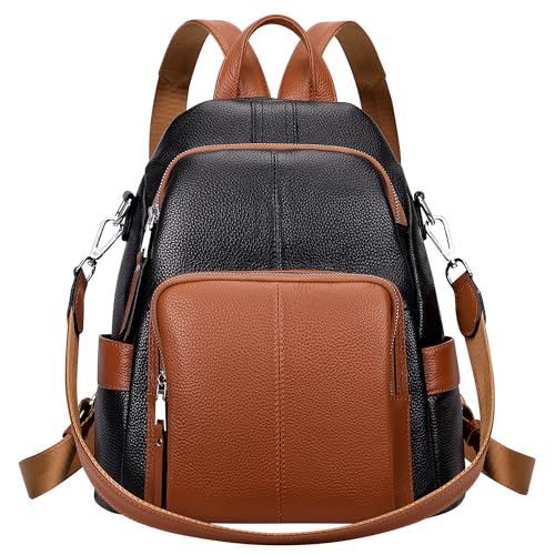 ALTOSY Echtleder Damen Rucksack Tasche Elegant Anti-Diebstahl Tagesrucksack Schultertasche (S81 Schwarz Braun) von ALTOSY