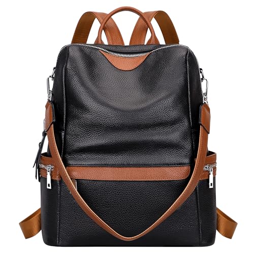 ALTOSY Elegant Damen Echtleder Rucksack Mode Schultertasche Convertible All in One Rucksackhandtasche (S80 Schwarz/Braun) von ALTOSY