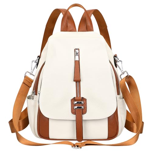 ALTOSY Weiches Echtes Leder Rucksack Tasche Damen Convertible Rucksäcke Umhängetasche (S85 Beige/Braun) von ALTOSY