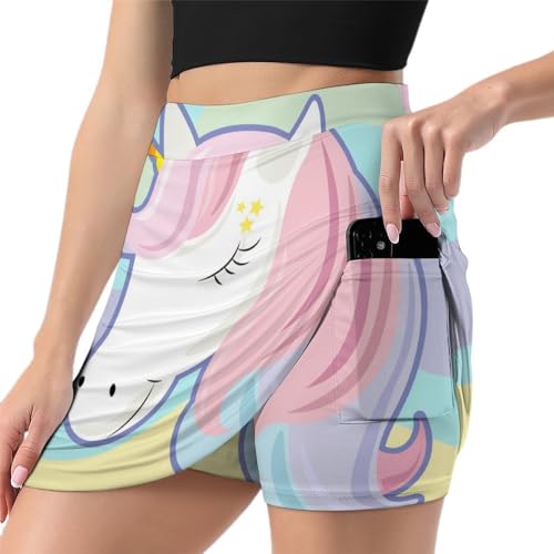 ALTQPG Einhorn Farbenfroh Damen Tennisrock Mit Hose Minirock Golfrock Hosenrock Sommerrock Tennis Skort Laufrock Mit Taschen von ALTQPG