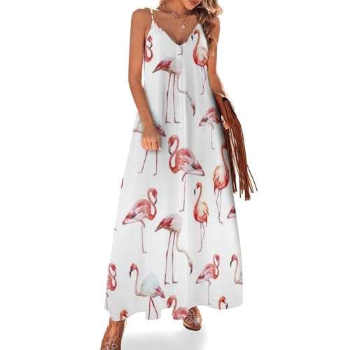 ALTQPG Flamingo Damen Ärmelloses Maxikleid Lang Kleid V-Ausschnitt Strandkleid Freizeitkleid von ALTQPG