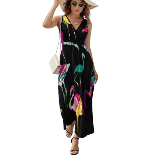 ALTQPG Flamingo-Farbe Damen Ärmelloses Maxikleid Lang Kleid V-Ausschnitt Strandkleid Freizeitkleid von ALTQPG