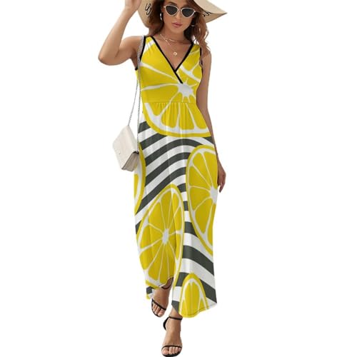 ALTQPG Gelbe Zitrone Damen Ärmelloses Maxikleid Lang Kleid V-Ausschnitt Strandkleid Freizeitkleid von ALTQPG