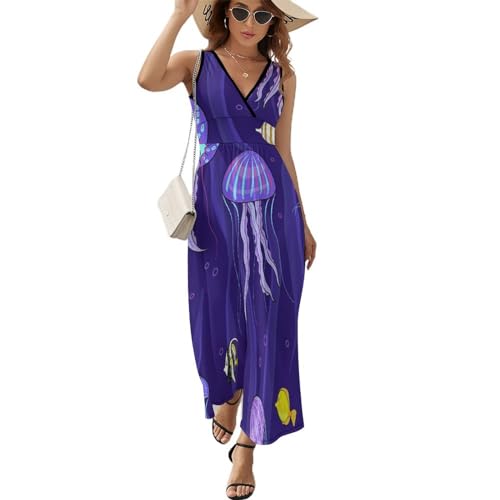 ALTQPG Lila Qualle Damen Ärmelloses Maxikleid Lang Kleid V-Ausschnitt Strandkleid Freizeitkleid von ALTQPG