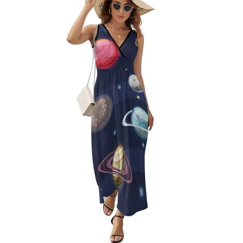 ALTQPG Planet Weltraum Damen Ärmelloses Maxikleid Lang Kleid V-Ausschnitt Strandkleid Freizeitkleid von ALTQPG