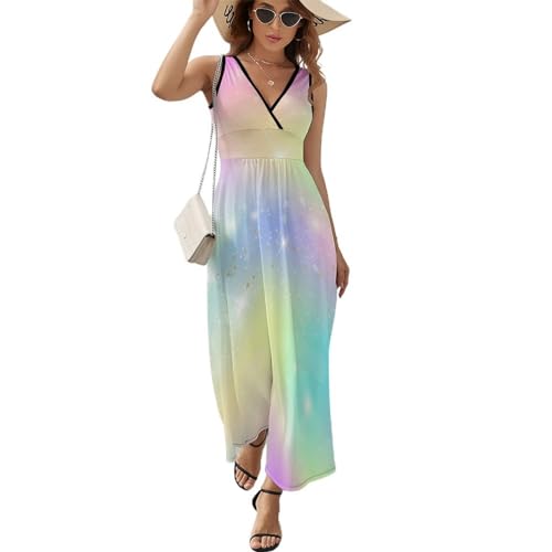 ALTQPG Regenbogenfarbe Damen Ärmelloses Maxikleid Lang Kleid V-Ausschnitt Strandkleid Freizeitkleid von ALTQPG