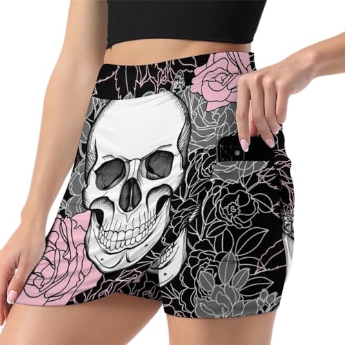 ALTQPG Schädel Damen Tennisrock Mit Hose Minirock Golfrock Hosenrock Sommerrock Tennis Skort Laufrock Mit Taschen von ALTQPG