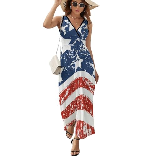 ALTQPG Vereinigte Staaten Damen Ärmelloses Maxikleid Lang Kleid V-Ausschnitt Strandkleid Freizeitkleid von ALTQPG