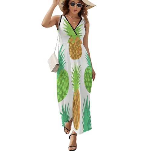 Ananas Damen Ärmelloses Maxikleid Lang Kleid V-Ausschnitt Strandkleid Freizeitkleid von ALTQPG