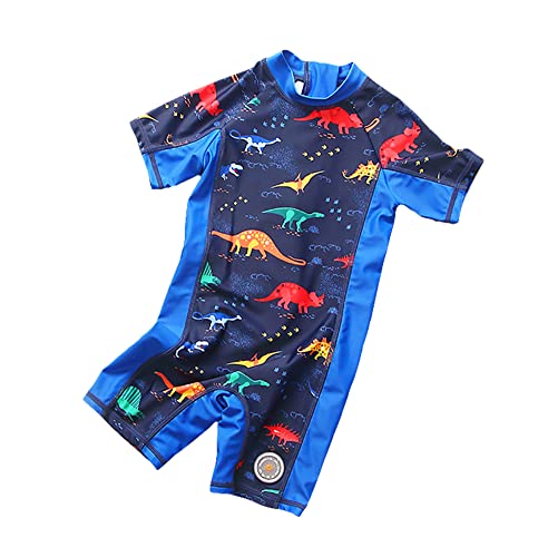 ALUCIC Baby Jungen Dinosaurier-Muster Badeanzug Zweiteiliger Kurzarm UV-Schutz Bademode mit Badekappe(Dunkelblau, 116-122) von ALUCIC