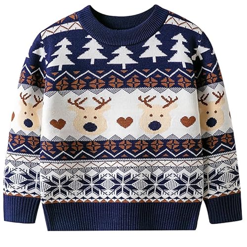 ALUCIC Baby Jungen Mächen Weihnachtspullover Strickpullis Süß Weihnachtshirsch Langarm gestrickt Sweater Pullover Dunkelblau 5-6 Jahre von ALUCIC