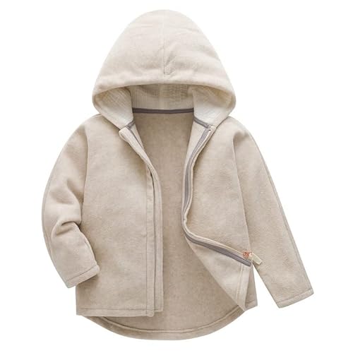 ALUCIC Baby Jungen Mädchen Fleecejacken mit Kapuze Kinder Mäntel Oberbekleidung Reißverschluss Jacke für Frühling Herbst (Beige, 110/116) von ALUCIC