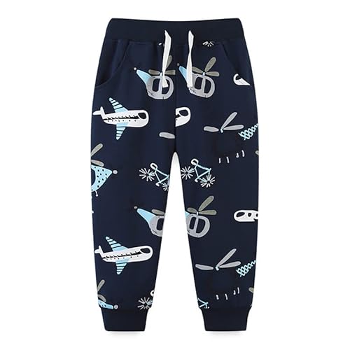 ALUCIC Kinder Jungen Hosen Baumwolle Jogginghose Baby Sweathose Sporthose Frühling Herbst Pants(Dunkelblau-Flugzeug, 104-110) von ALUCIC