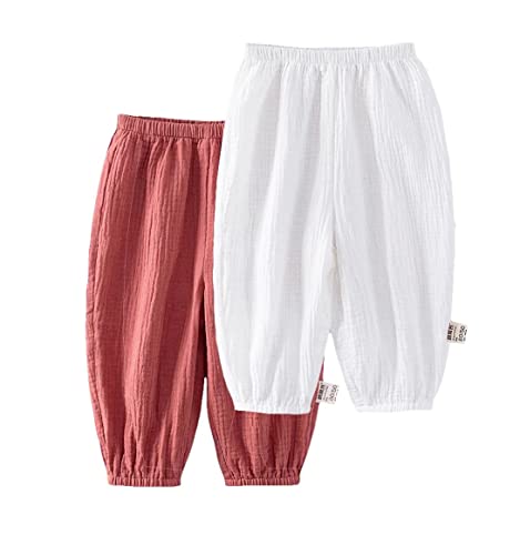 Baby leichte Lange Hose Anti-Moskito Bloomers Baumwolle Klimahose Jungen Mädchen Sommerhose 2er Pack(Rot-Weiß, 74-80) von ALUCIC