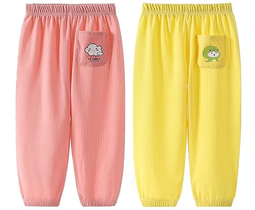 Baby leichte Lange Hose Anti-Moskito Bloomers Baumwolle Pumphose Haremshose Jungen Mädchen Sommerhose 2er Pack(Blau-Gelb, 74-80) von ALUCIC