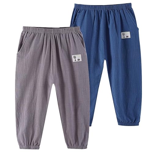 Baby leichte Lange Hose Anti-Moskito Bloomers Baumwolle Pumphose Haremshose Jungen Mädchen Sommerhose 2er Pack(Grau-Dunkelblau, 104-110) von ALUCIC