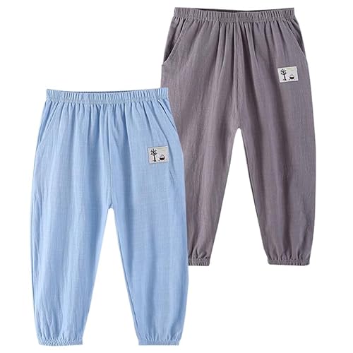 Baby leichte Lange Hose Anti-Moskito Bloomers Baumwolle Pumphose Haremshose Jungen Mädchen Sommerhose 2er Pack(Hellblaugrau, 110-116) von ALUCIC