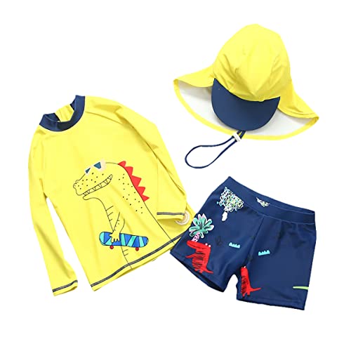 Jungen Badeanzug Bademode Zweiteiliger Gelb Langarm UV-Schutz Dinosaurier-Muster Bade-Set T-Shirt Badeshorts mit Badekappe (90CM) von ALUCIC