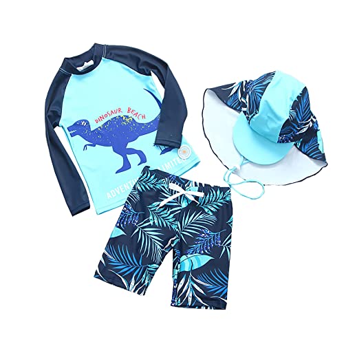Jungen Badeanzug Bademode Zweiteiliger Langarm UV-Schutz Dinosaurier-Muster Bade-Set T-Shirt Badeshorts mit Badekappe (120CM) von ALUCIC