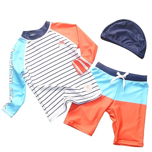 Kinder Jungen Baby Bademode Badeanzug Langarm UV-Schutz Streifen Bade-Set T-Shirt Badeshorts Schwimmkleidung Surfanzug mit Badekappe 116/122 von ALUCIC
