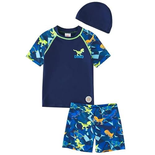 Kinder Jungen Badeanzug Bademode Schwimmkleidung Langarm UV-Schutz Dinosaurier Bade-Set T-Shirt Badeshorts Surfanzug mit Badekappe Dunkelblau 116/122 von ALUCIC