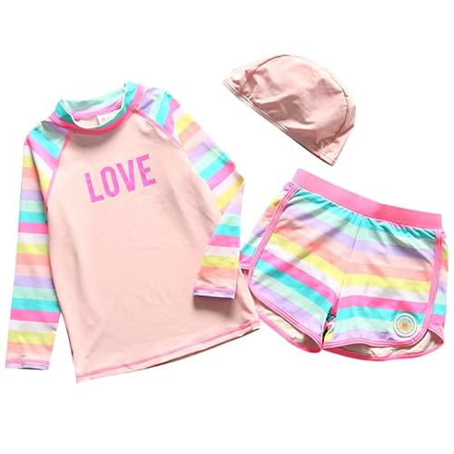 Kinder Mächen Bademode Zweiteiliger Badeanzug UV-Schutz Bade-Set Langarm T-Shirt Badeshorts mit Badekappe Rosa 98 von ALUCIC