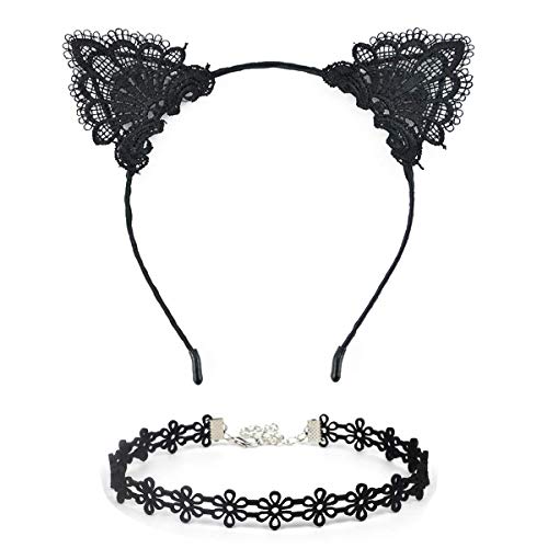 Schwarze Spitze Katzenohren Stirnband & Halsband für Frauen Mode Haarschmuck Party Geschenk Haarband Kopfbedeckung Cosplay Verkleidung (Schwarze Haarnadel mit Halskette) von ALUNME