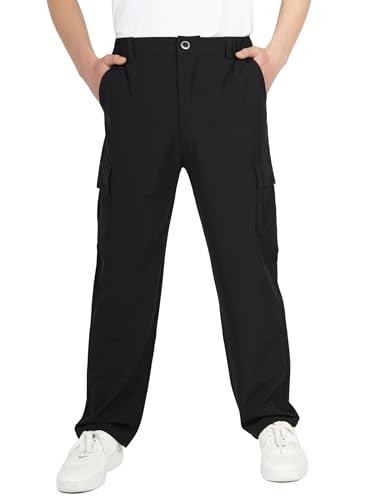 ALXHUTE Jungen Cargohose Kinder Wasserdicht Hosen Elastische Taille Outdoorhose Freizeithose Cargo Hose Schwarz 164-170 Größe 170 von ALXHUTE
