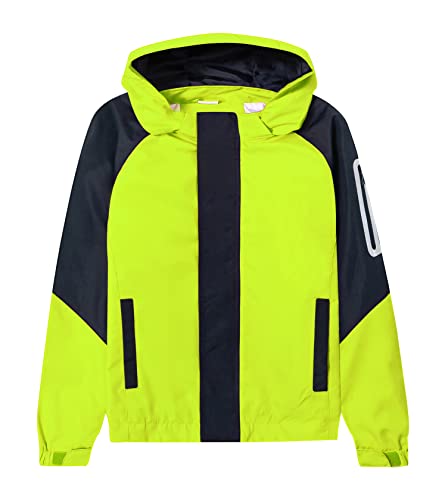 ALXHUTE Kinder Regenjacke Jungen Mädchen Jacke Frühling Übergangsjacke Wasserdicht Windjacke mit abnehmbarer Kapuze Leuchtendes Grün DE: 122-128 (Herstellergröße 120) von ALXHUTE