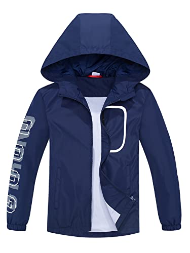 ALXHUTE Kinder Regenjacke Wassersäule Jungen Mädchen Übergangsjacke Frühling Jacke Funktionsjacke mit Kapuze Dunkelblau DE: 152-158 (Herstellergröße 150) von ALXHUTE