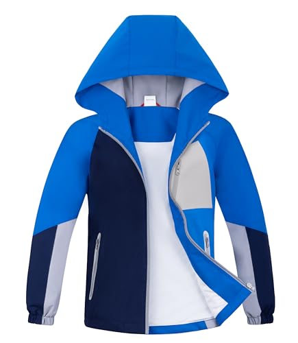 ALXHUTE Regenjacke Jungen Übergangsjacke Wasserdicht Kinder Softshelljacke Farbkontrast Jacke Mit Kapuze Blau DE: 146-152 (Herstellergröße 150) von ALXHUTE