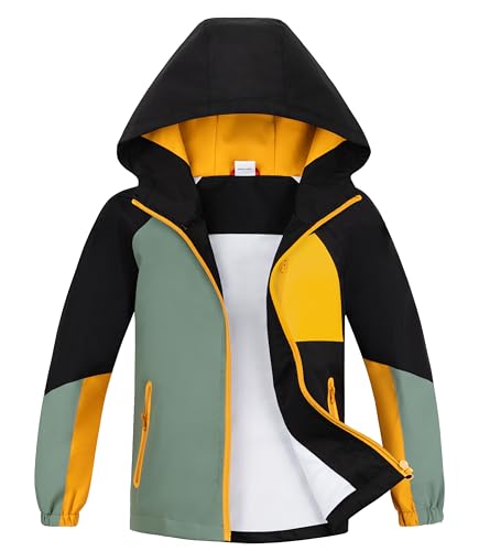 ALXHUTE Regenjacke Jungen Übergangsjacke Wasserdicht Kinder Softshelljacke Farbkontrast Jacke Mit Kapuze Gelb DE: 134-140 (Herstellergröße 140) von ALXHUTE