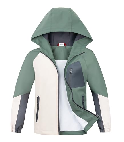 ALXHUTE Regenjacke Jungen Übergangsjacke Wasserdicht Kinder Softshelljacke Farbkontrast Jacke Mit Kapuze Grün DE: 134-140 (Herstellergröße 140) von ALXHUTE