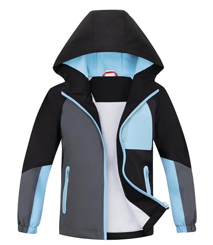 ALXHUTE Regenjacke Jungen Übergangsjacke Wasserdicht Kinder Softshelljacke Farbkontrast Jacke Mit Kapuze Schwarz DE: 134-140 (Herstellergröße 140) von ALXHUTE