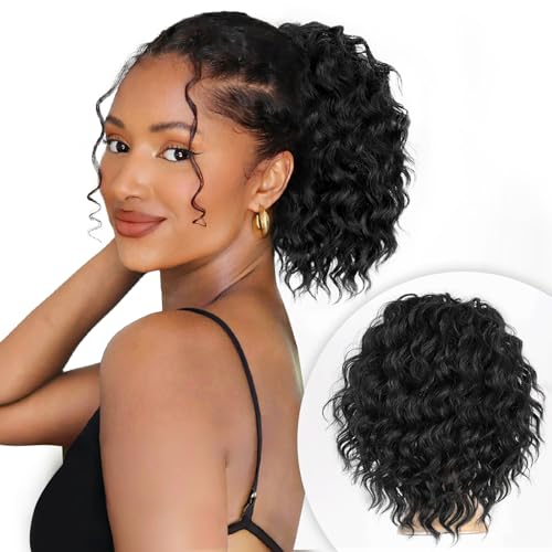 ALXNAN Wavy Curly Ponytail Extension, 8" Black Drawstring Ponytail for Black Women Short Soft Natural Synthetic Hairpiece Thick For Daily Use von ALXNAN