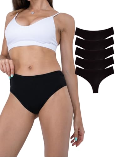 ALYA UNDERWEAR Damen-Tanga aus Baumwolle mit hoher Taille, Baumwoll-Tangas, atmungsaktive, Bequeme und Dehnbare Höschen für Frauen (5er-Pack, Black-P06) von ALYA UNDERWEAR