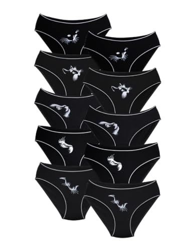 ALYA UNDERWEAR Mädchen-Slip, Kinder-Slip aus Baumwolle, weicher und bequemer Mädchen Höschen, Cats Printed (Pack of 10, Black-X13) von ALYA UNDERWEAR