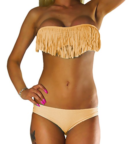 ALZORA Bikini Damen Tassel Fransen Fringe Push Up Set Top und Hose, 10200 (L, Sand) von ALZORA