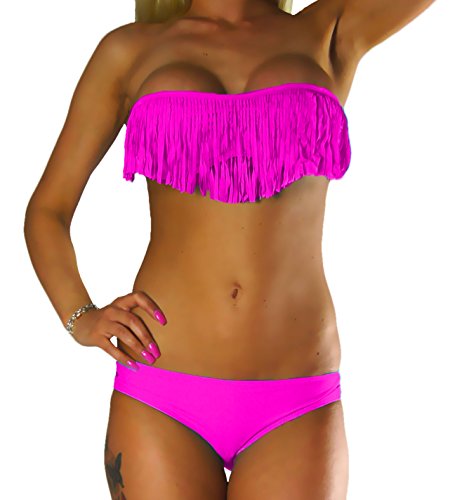 ALZORA Bikini Damen Tassel Fransen Fringe Push Up Set Top und Hose, 10200 (S, Hellpink) von ALZORA