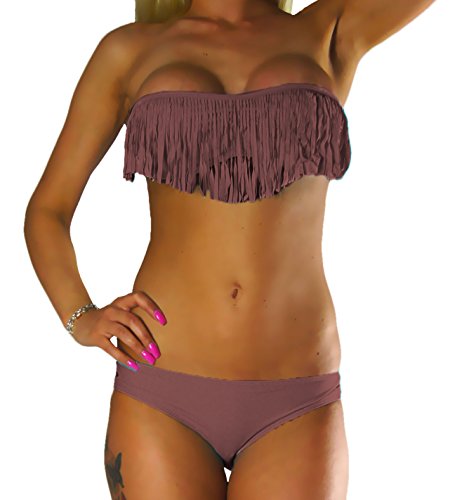 ALZORA Bikini Damen Tassel Fransen Fringe Push Up Set Top und Hose, 10411 (M, Braun) von ALZORA