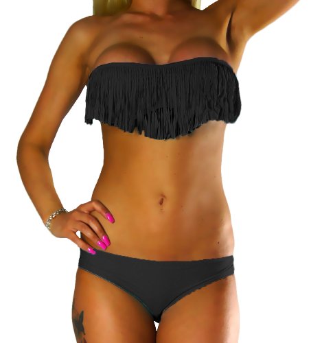 ALZORA Bikini Damen Tassel Fransen Fringe Push Up Set Top und Hose, 10411 (M, Schwarz) von ALZORA