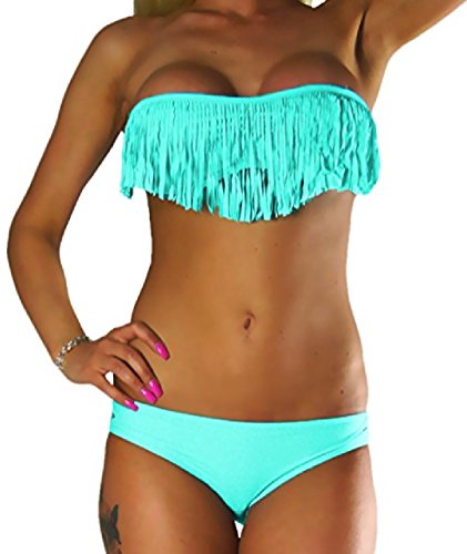 ALZORA Bikini Damen Tassel Fransen Fringe Push Up Set Top und Hose, 10200 (M, A1 Türkis) von ALZORA