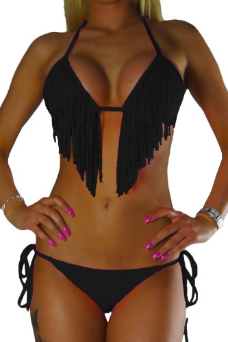 ALZORA Bikini Set Damen Tassel Fransen Fringe Ringe Push Up Set Top und Hose viele Modelle und Farben, 10209 (L, Schwarz Bänder) von ALZORA