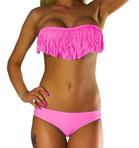 ALZORA Bikini Set Damen Tassel Fransen Fringe Ringe Push Up Set Top und Hose viele Modelle und Farben, 10209 (M, Neonpink) von ALZORA