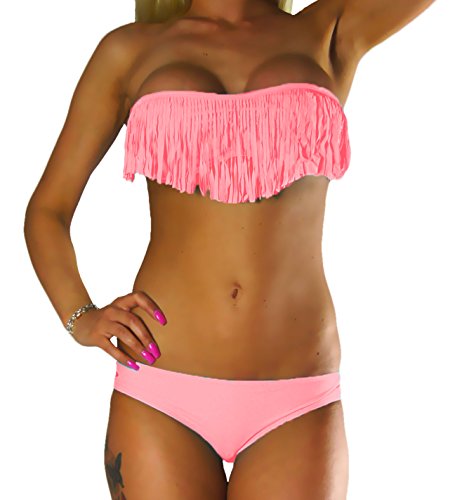 ALZORA Bikini Set Damen Tassel VIELE Farben Fransen Fringe Push Up Neckholder Set Top und Hose, 20050 (M, LACHS) von ALZORA