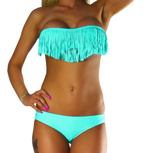 ALZORA Bikini Set Damen Tassel VIELE Farben Fransen Fringe Push Up Neckholder Set Top und Hose, 20050 (XS, TÜRKIS) von ALZORA