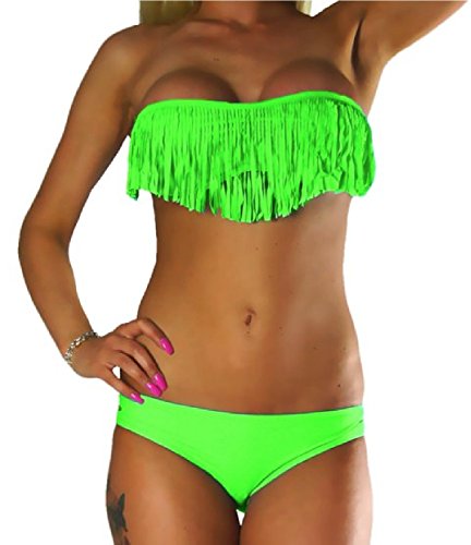 ALZORA Neckholder Damen Bikini Set in NEONGRÜN Neon Grün Fransen Tassel Fringe Bandeau Push Up Top und Hose, 20060 (S) von ALZORA