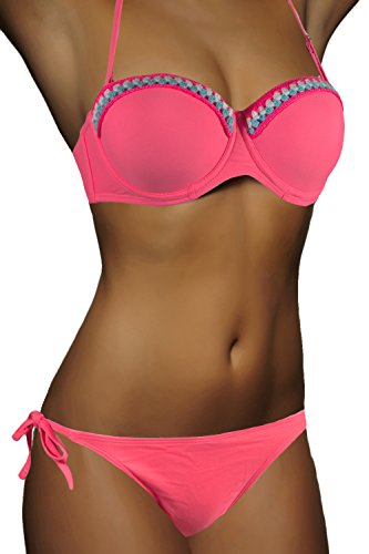 ALZORA Push Up Bandeau Bikini Set Damen Pushup Badeanzug inkl. Träger und Spitze viele Farben und Größen Top + Hose Set, 8001 (S, Neonpink/Koralle) von ALZORA