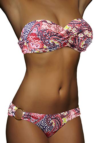 ALZORA Push Up Bandeau Twist Bikini Set Damen Pushup Badeanzug VIELE Bunte Farben und Größen Top + Hose Set, 50001 (XS, A9) von ALZORA